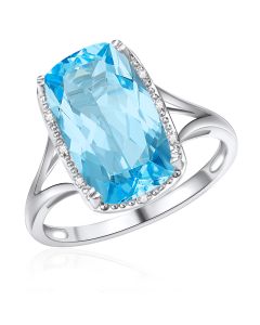 10K White Gold Long Cushion Halo Ring with Sky Blue Topaz and Diamonds