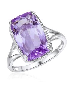 10K White Gold Long Cushion Halo Ring with Pink Amethyst and Diamonds