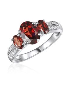 14K White Gold Oval Trinity Ring with Garnet and Diamonds