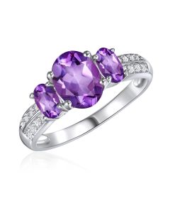 14K White Gold Oval Trinity Ring with Amethyst and Diamonds