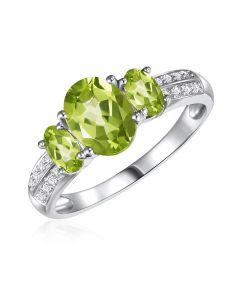 14K White Gold Oval Trinity Ring with Peridot and Diamonds