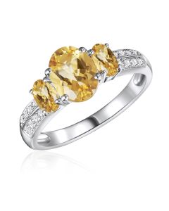 14K White Gold Oval Trinity Ring with Citrine and Diamonds