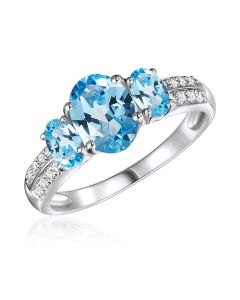 14K White Gold Oval Trinity Ring with Swiss Blue Topaz and Diamonds