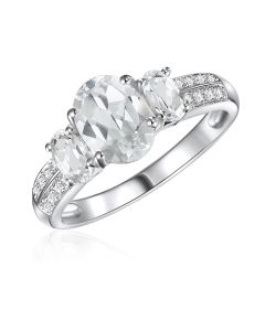 14K White Gold Oval Trinity Ring with White Topaz and Diamonds