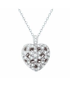 14K White Gold Hollow Weaved Diamond Heart Pendant