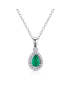 10K White Gold Pear Shape Halo Pendant with Emerald & Diamonds
