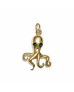 10K Yellow Gold 3D Octopus with Green Eyes Charm 