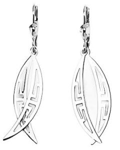Silver Double Crescent Greek Key Pattern Drop Down Earrings