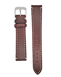 18mm Brown Smooth Leather Thick White Stitched Watch Band