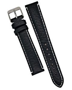 18mm Black Scratched Padded White Stitched Leather Watch Band