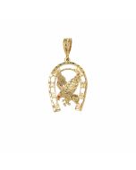 10K Yellow Gold Red Eye Eagle On a Horseshoe Pendant