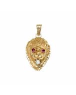 10K Yellow Gold Roaring Red Eyed Lion Pendant