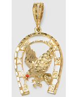 10K Yellow Gold Red Eye Eagle On a Horseshoe Pendant