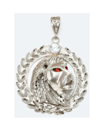 Silver Big Red Eyes Lion in a Circle Pendant