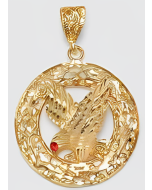 10K Yellow Gold Big Red Eye Eagle in a Circle Pendant