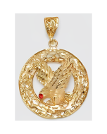 10K Yellow Gold Big Red Eye Eagle in a Circle Pendant