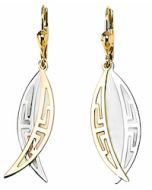 10K Two Tone Double Crescent Greek Key Pattern Drop Down Earrings