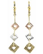 10K Tri Color Shimmery Square Drop Down Earrings