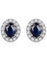 14K White Gold Oval Halo With Diamonds & Sapphire Studs