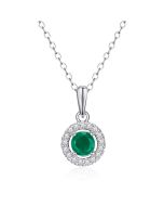 14K White Gold Round Halo Pendant with Emerald and Diamonds