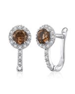 14K White Gold Halo Smokey Quartz & Diamonds Clip Back Earrings