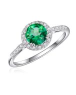 14K White Round Halo Ring with Passion Rain Forest Green and Diamonds