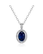 14K White Gold Oval Halo Pendant with Sapphire & Diamonds