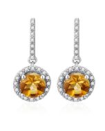 14K White Gold Halo Round Citrine & Diamonds Drop Down Earrings