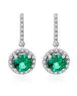 14K White Gold Halo Round Passion Green Forest & Diamonds Drop Down Earrings