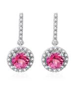 10K White Gold Halo Round Passion Pink Topaz & Diamonds Drop Down Earrings