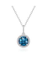 14K White Gold Halo Pendant London Blue Topaz & Diamond