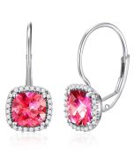 14K White Gold Cushion Cut Passion Pink & Diamonds French Back Earrings