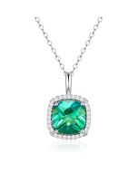 14K White Gold Halo Pendant with Passion Rain Forest Green & Diamonds