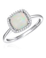 14K White Gold Antique Cushion Halo Ring with Opal and Diamonds