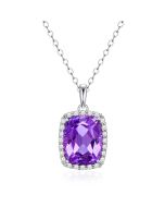 14K White Gold Cushion Halo Pendant with Amethyst and Diamonds