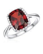 14K White Gold Cushion Halo Ring with Garnet and Diamonds