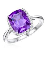 14K White Gold Cushion Halo Ring with Amethyst and Diamonds