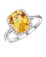 14K White Gold Cushion Halo Ring with Citrine and Diamonds